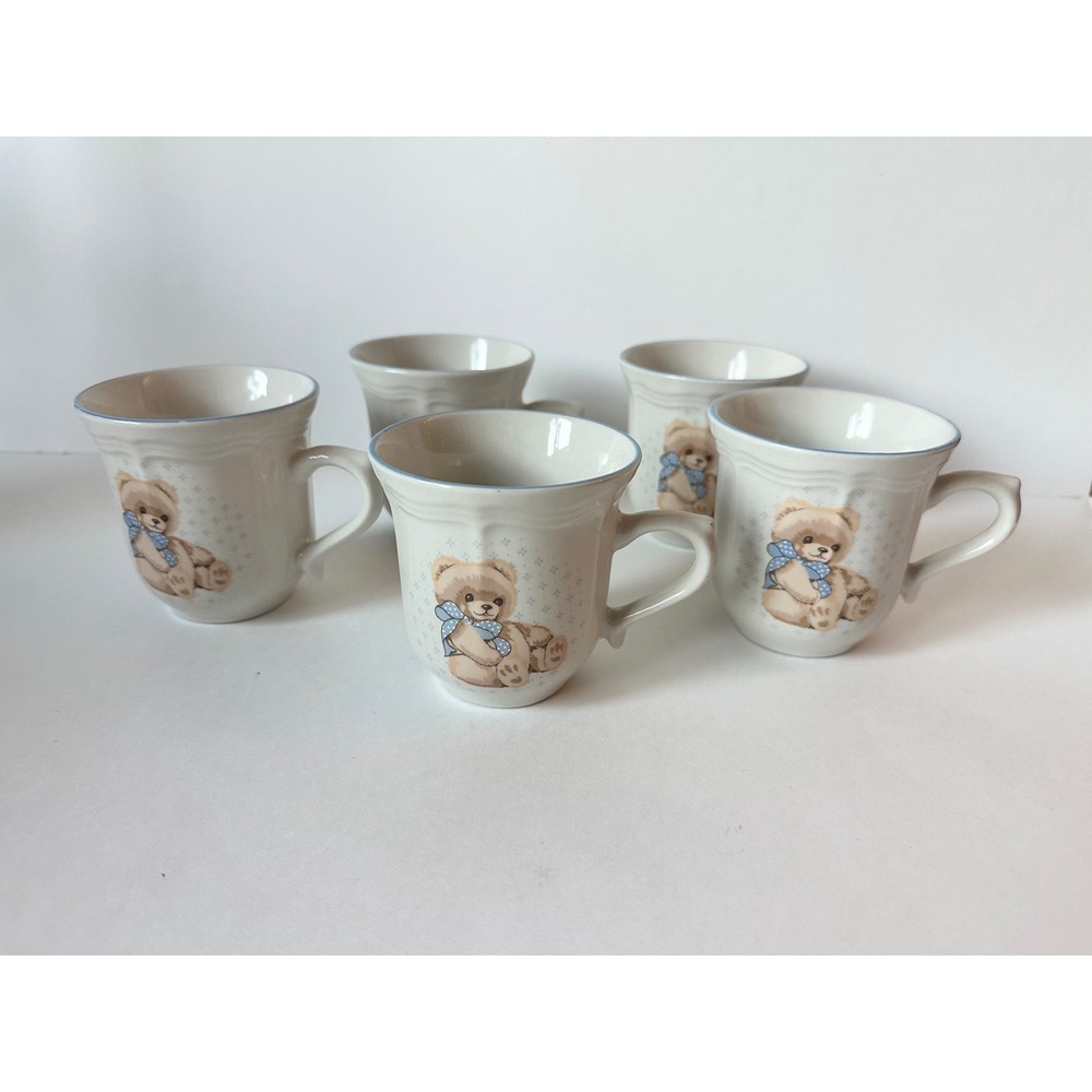 Tienshan Stoneware Teddy Bear Mugs Blue Bow Vintage Coffee Cups
Cottagecore
